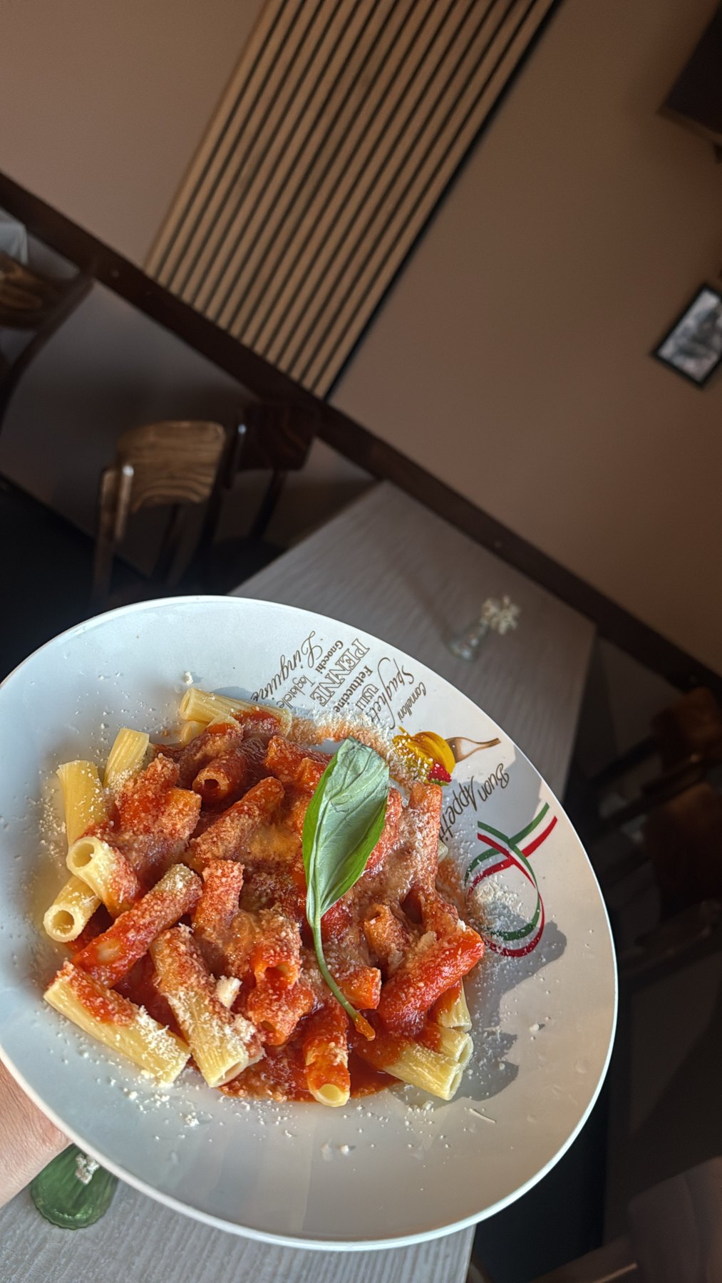 Rigatoni mit Tomatensoße, Parmesan und Basilikum